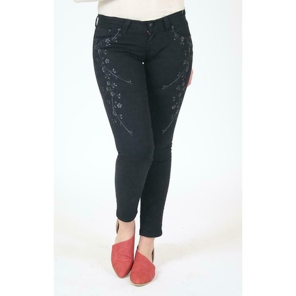 Grace in LA Jeans Women's Black Floral Embroidered Skinny Fit Stretch Jeans - Picture 1 of 8